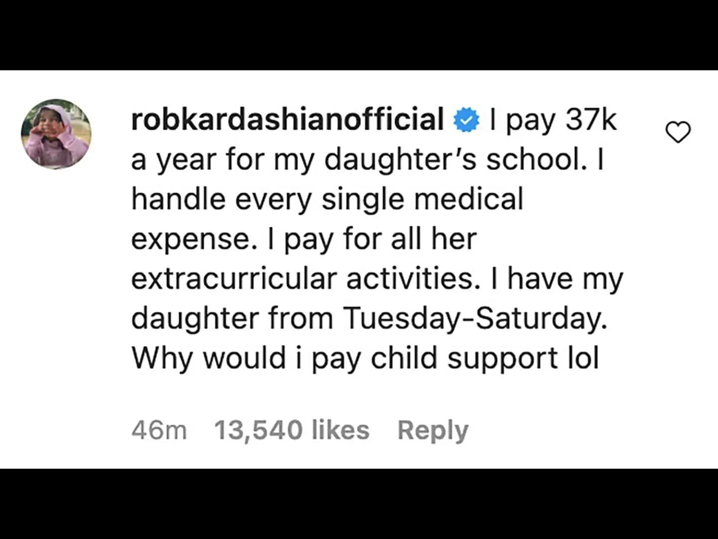 Rob Kardashian&#039;s response to Blac Chyna&#039;s tweet about not receiving child support. (Image via Instagram/@theshaderoom)