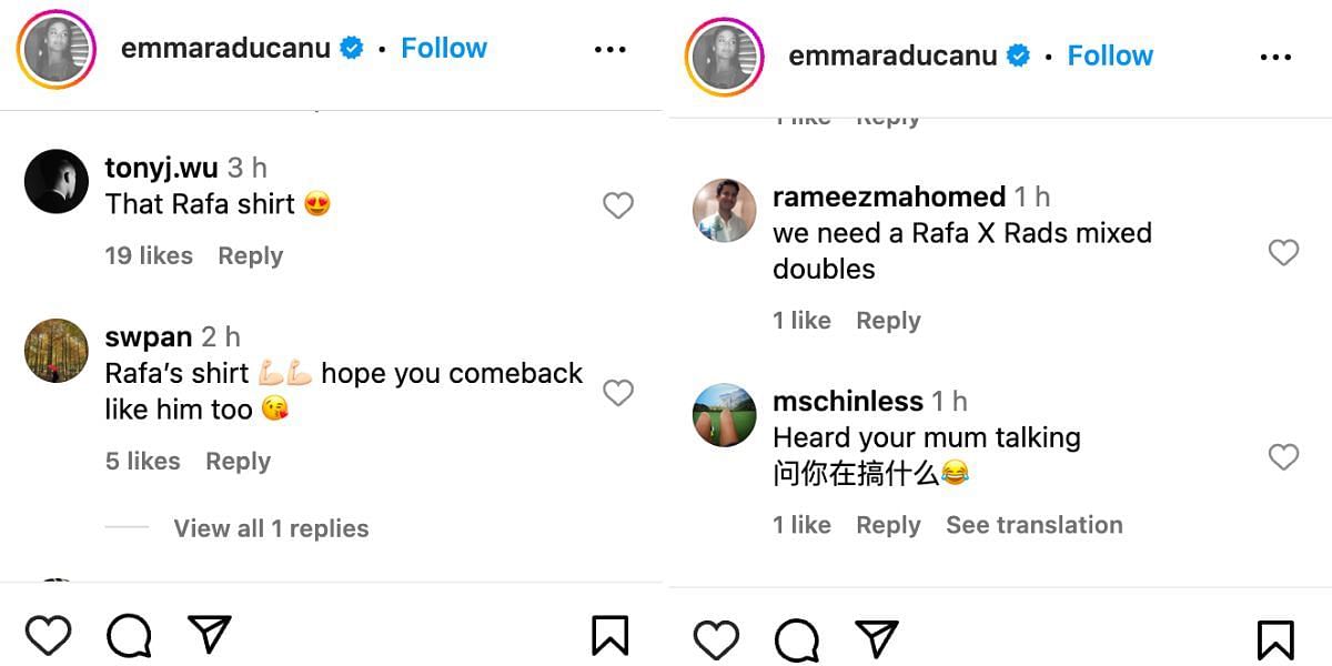 Comments under Emma Raducanu&#039;s post