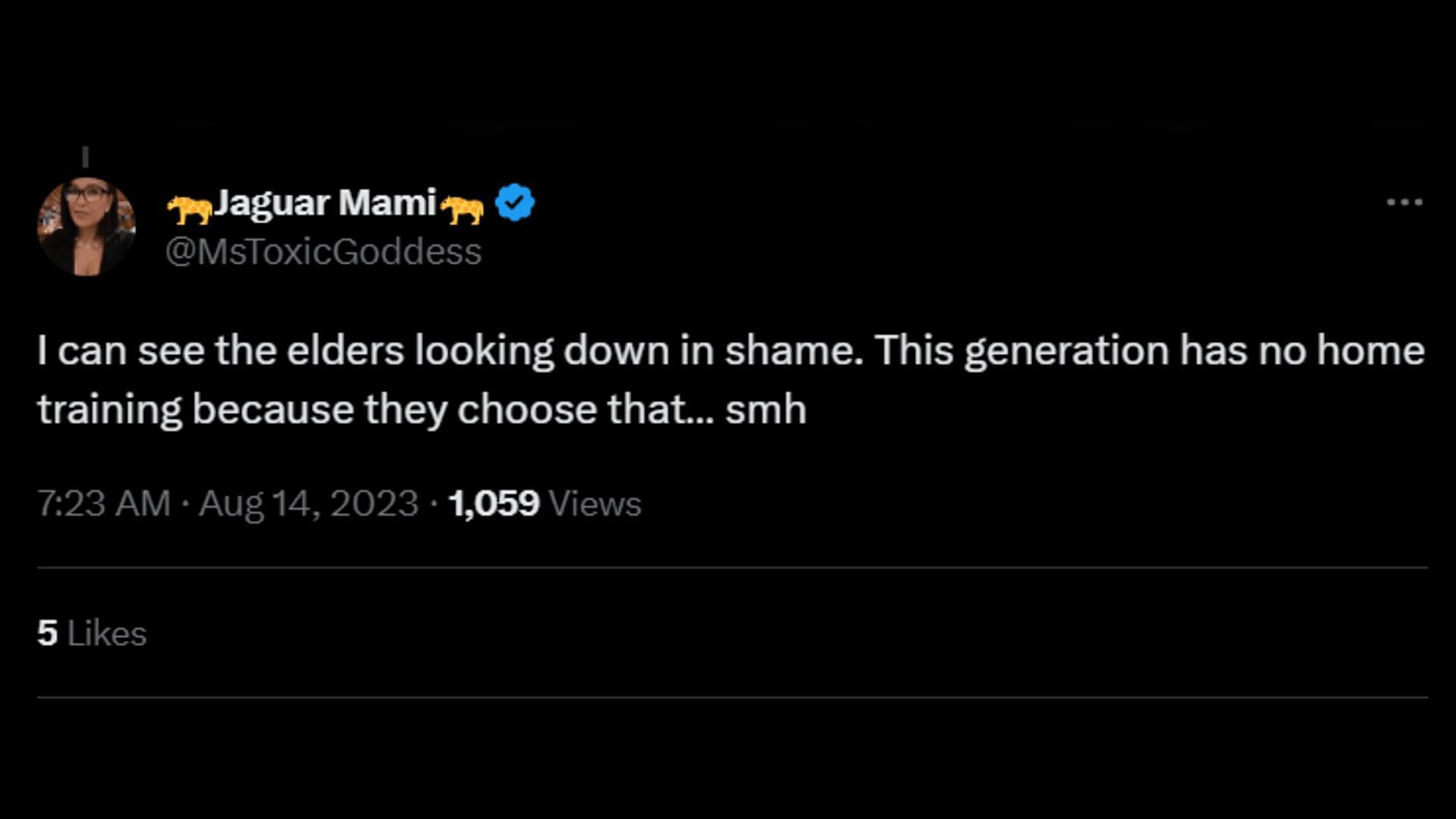 A netizen points out how the younger generation has no morals. (Image via Twitter/Jaguar Mami)