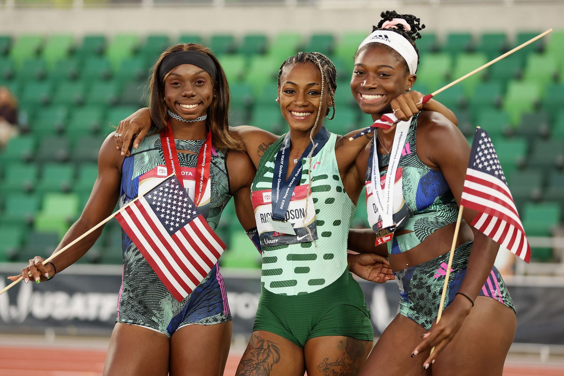 Brittany Brown, Sha&#039;Carri Richardson Tamari Davis after winning in the women&#039;s 100m final at the 2023 USATF Outdoor Championships in Eugene, Oregon