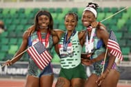 Brittany Brown, Sha'Carri Richardson Tamari Davis after winning in the women's 100m final at the 2023 USATF Outdoor Championships in Eugene, Oregon