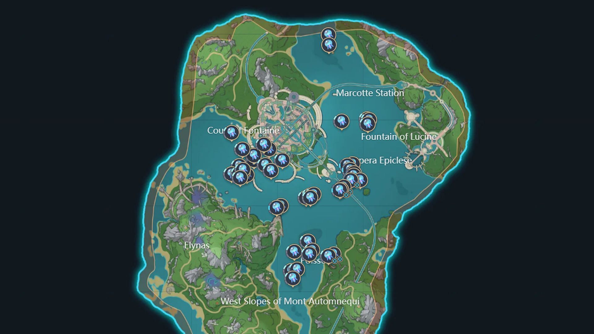 An overworld map of the 4.0 locations (Image via HoYoverse)