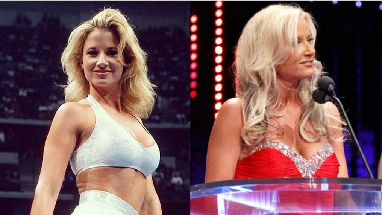 Sunny in the 90s (left); Sunny during her WWE Hall of Fame induction (right)