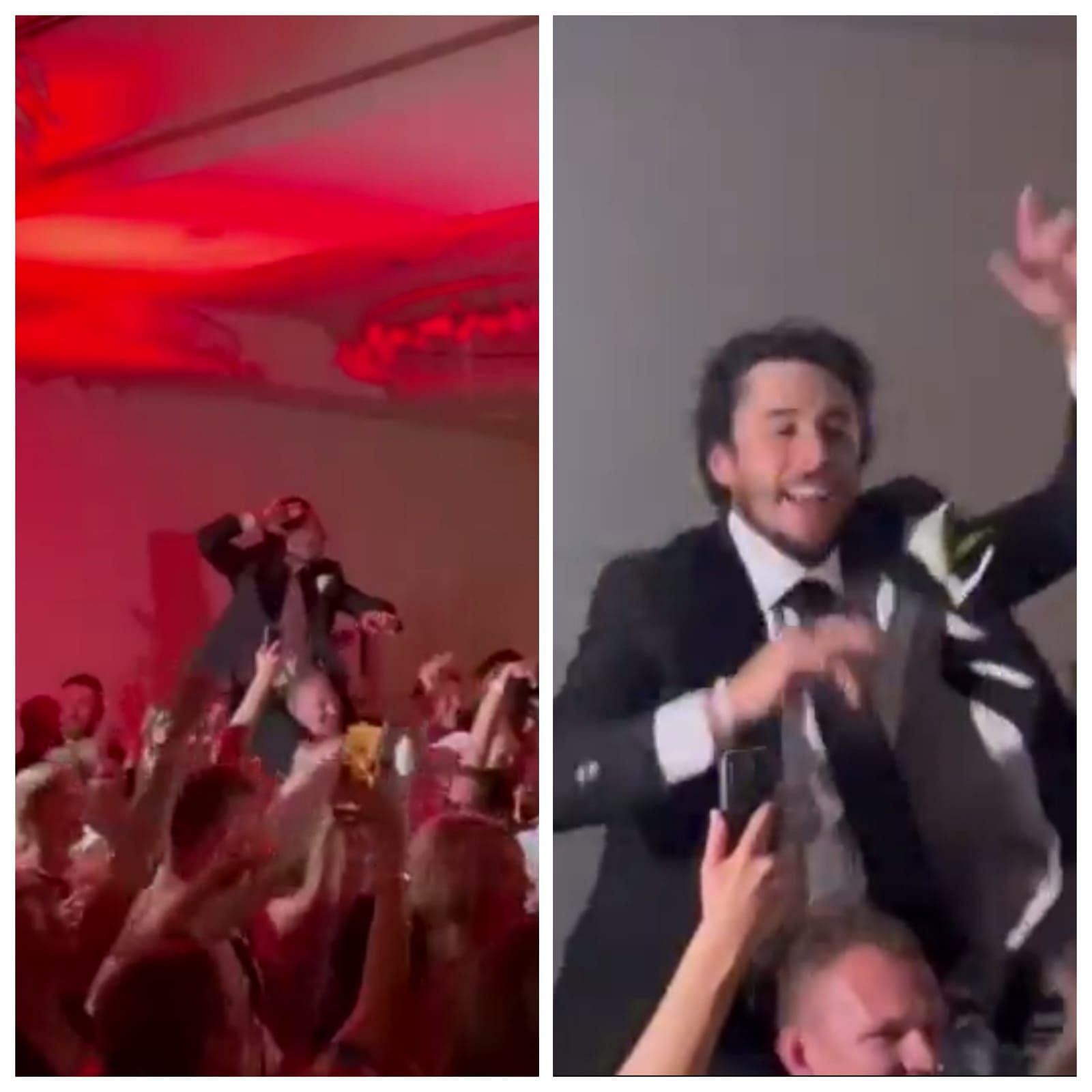 Johnny Gaudreau spotted dancing away on Brady Tkachuk&rsquo;s shoulders during Kevin Hayes&rsquo; wedding