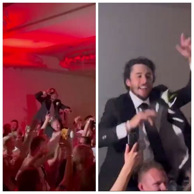WATCH: Johnny Gaudreau spotted dancing away on Brady Tkachuk’s shoulders during Kevin Hayes’ wedding