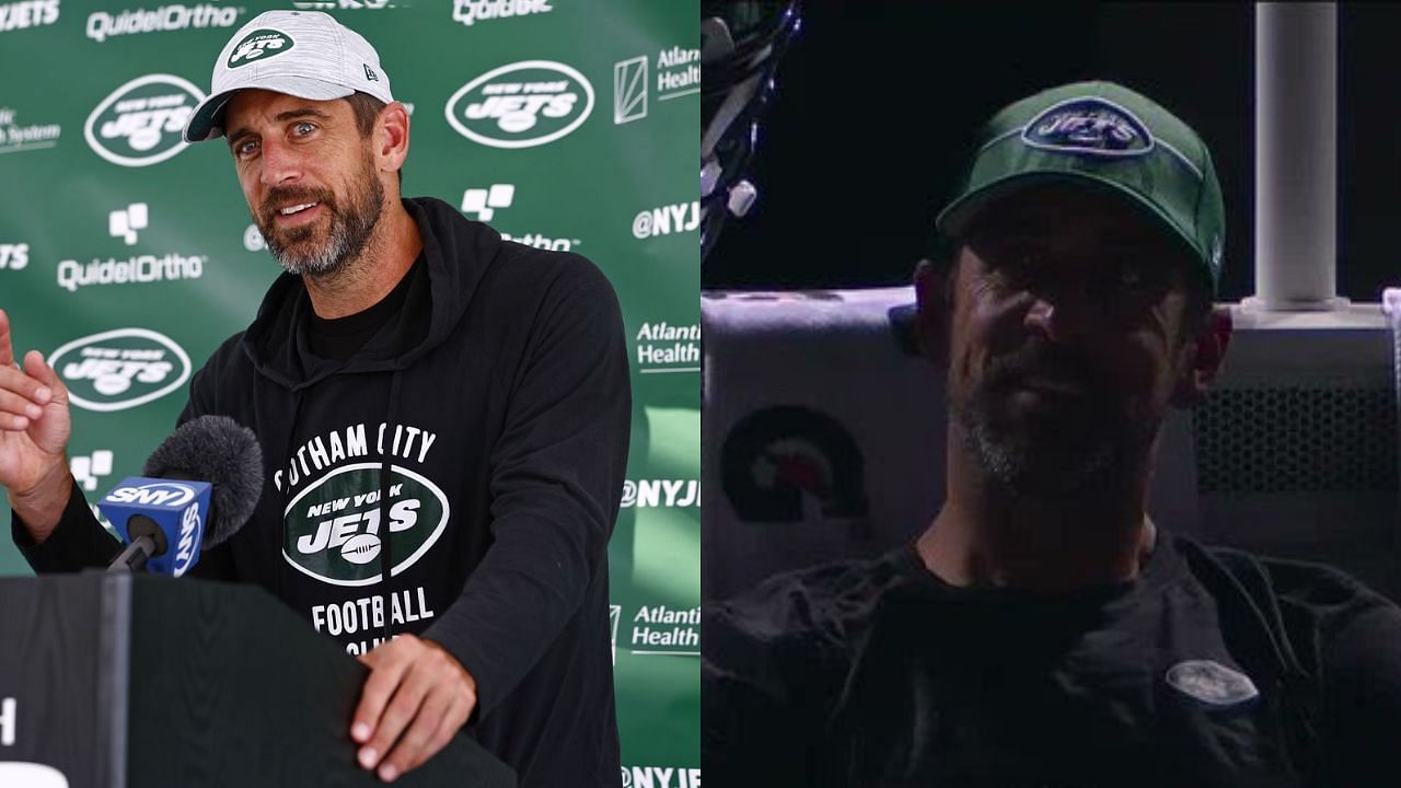 A shot of Aaron Rodgers in the darkness has become viral - left image via Getty, right image via NBC