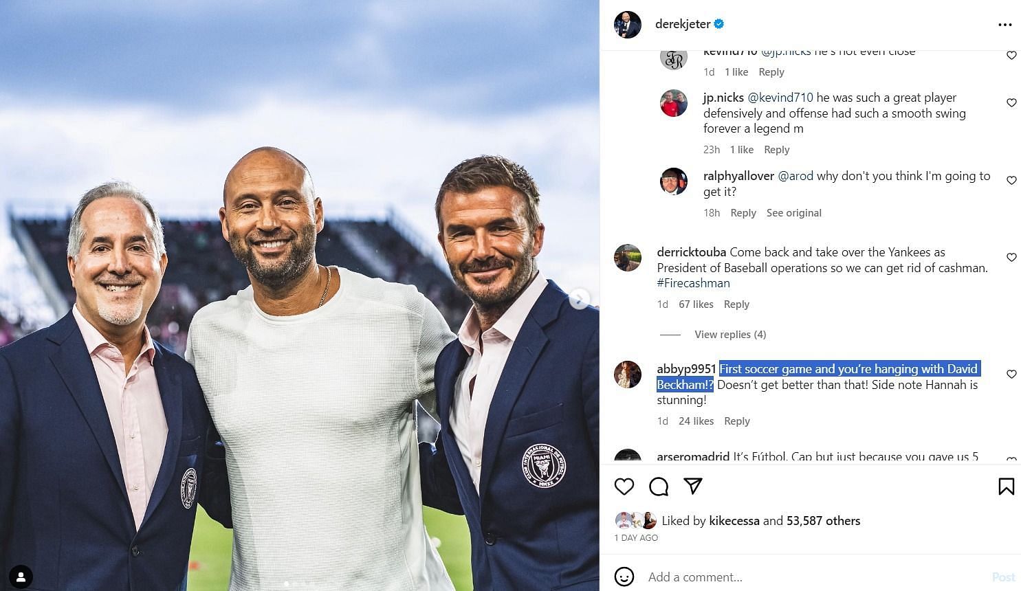 Fans were in awe of Derek Jeter being at his first soccer game