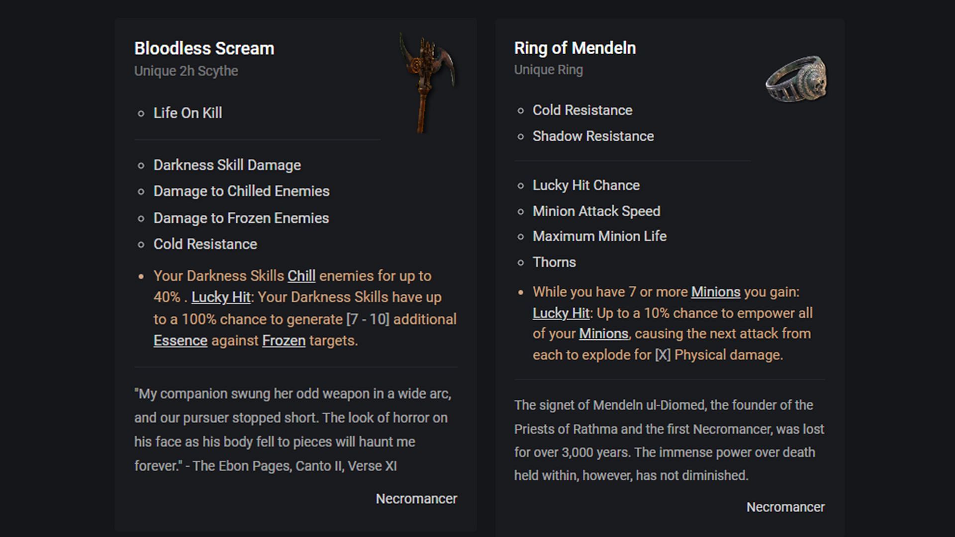 Bloodless Scream and Ring of Mendeln are the best Uniques for this build (Image via D4builds.gg)