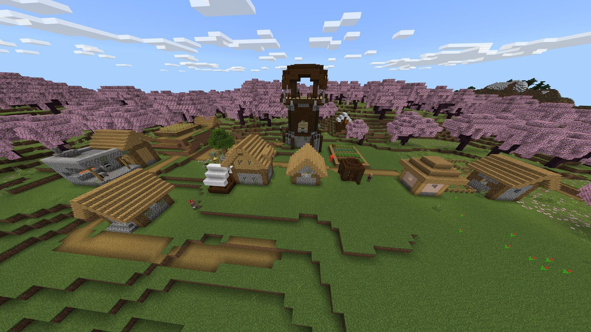 Chaos unfolds in a cherry grove biome in this seed (Image via Mojang)