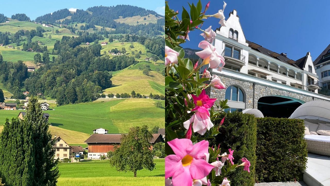 Left: Rachel Bush's view of the Lucerne countryside; right: the entrance to the hotel where she stayed in