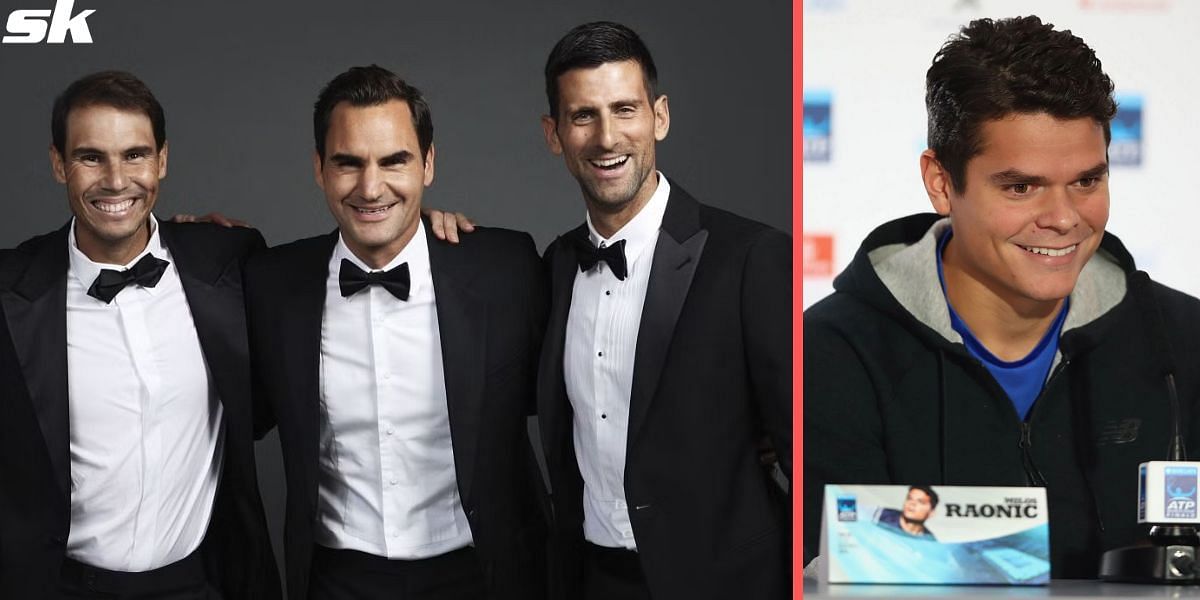 Rafael Nadal, Roger Federer, Novak Djokovic (L) and Milos Raonic (R)