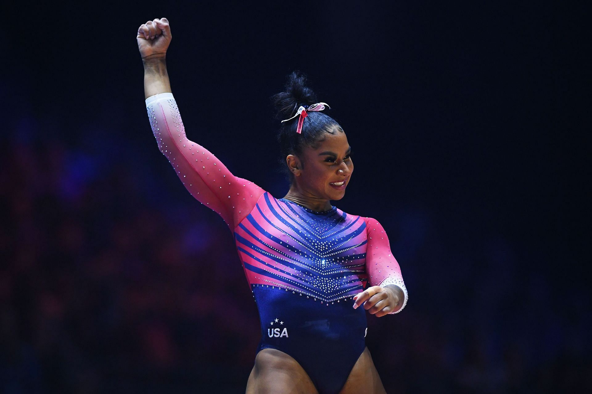 Jordan Chiles of United States celebrates after their routine in the Woman&#039;s Floor Final