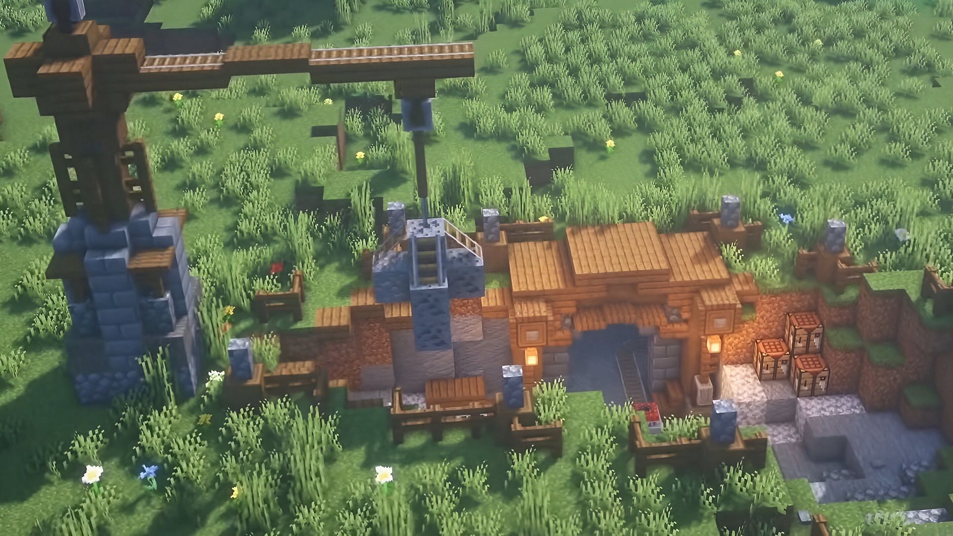 A Minecraft mine entrance can be expanded with a few extra amenities to make an entire camp (Image via Reimiho/YouTube)
