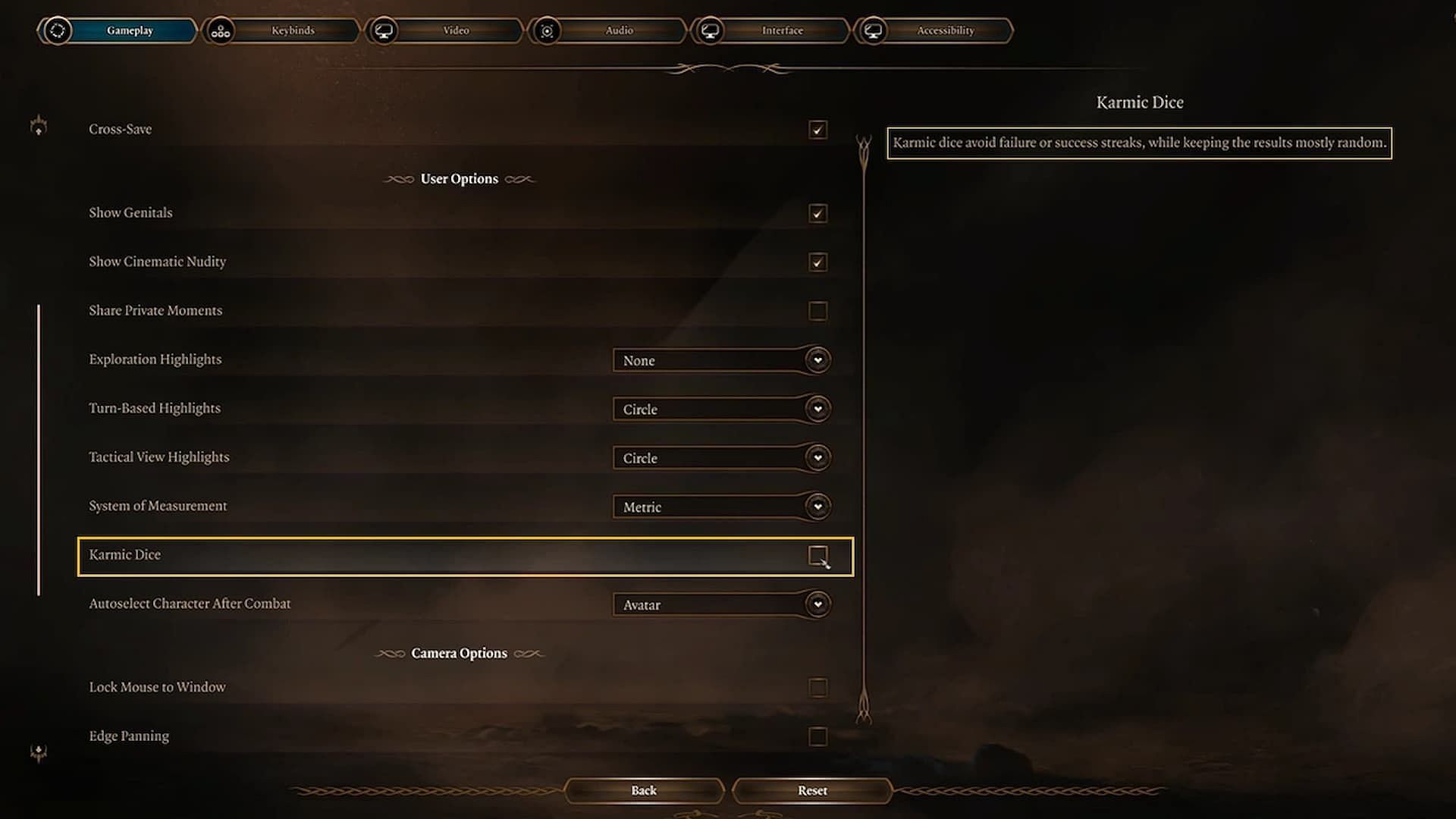Players can choose whether to have Karmic Dice turned on or off (Image via Larian Studios)