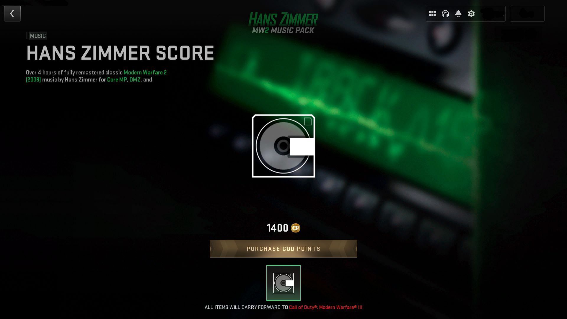Hans Zimmer MW2 Music Pack purchase screen (Image via Activision)