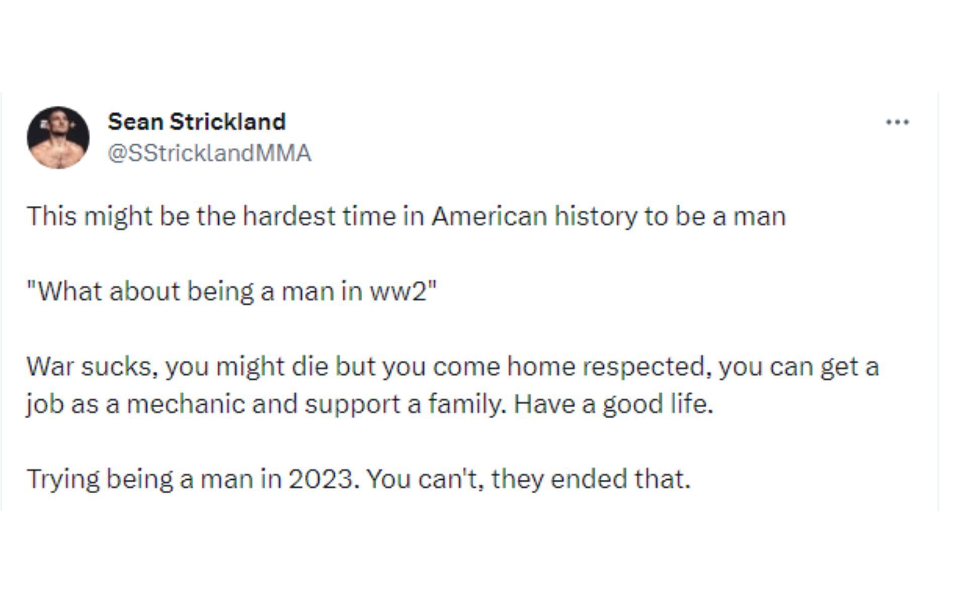 Tweet regarding being a man in America in 2023