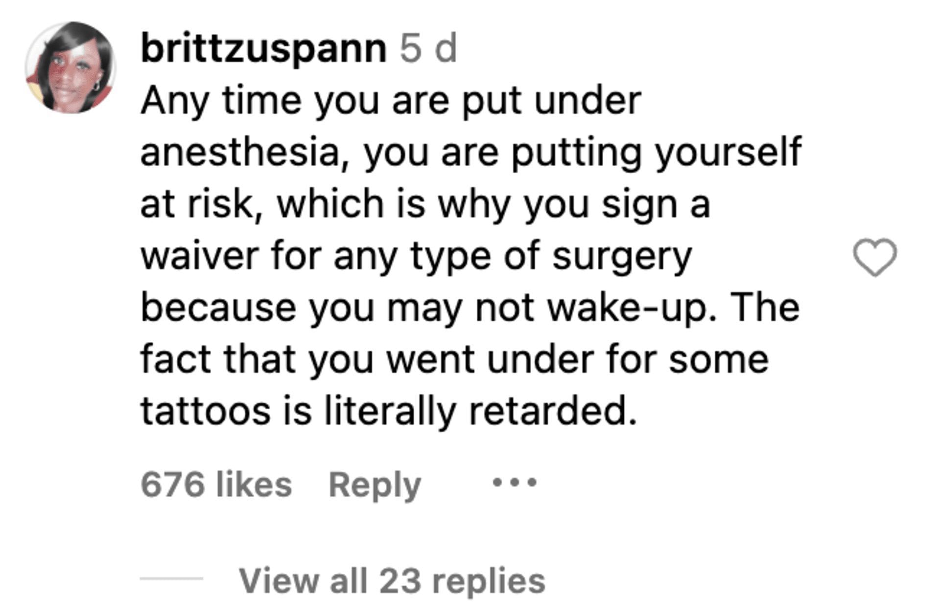 Social media users bashed the Ace Family member for getting tattoos done under general anesthesia. (Image via Instagram)