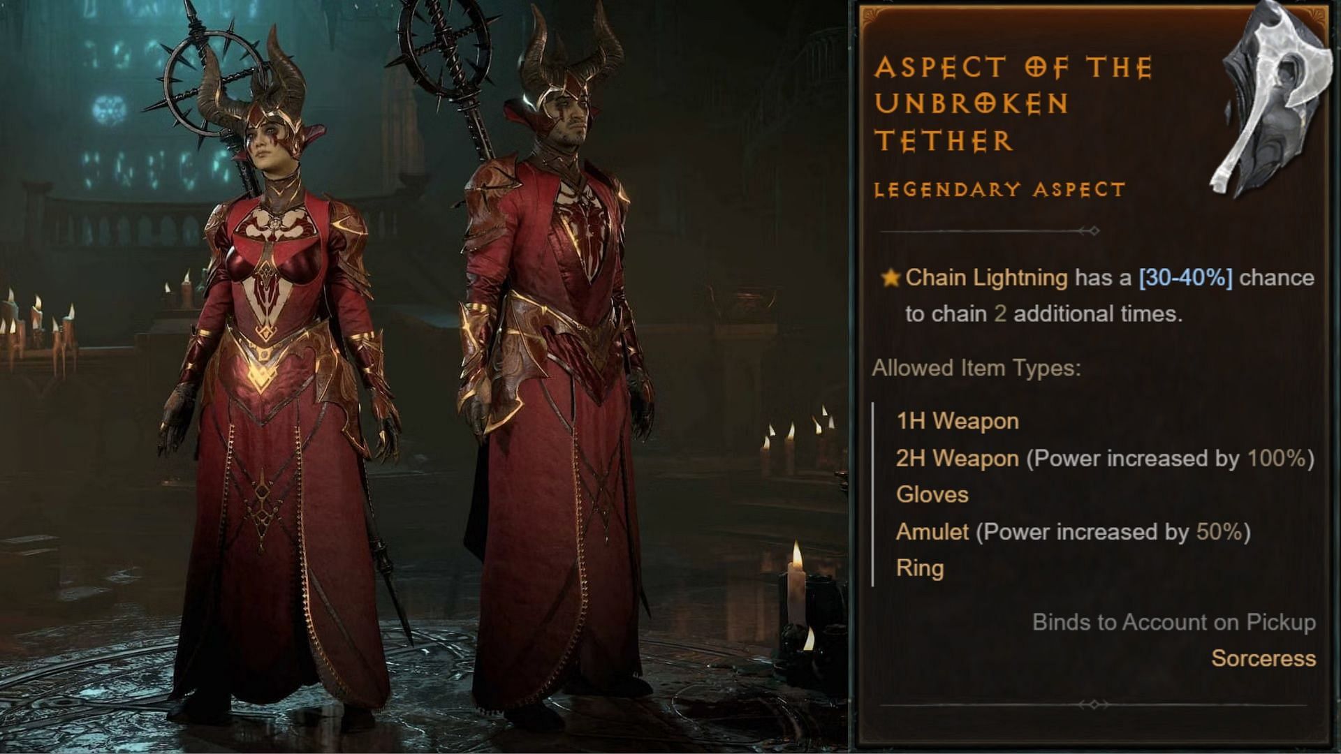 Two Diablo 4 Sorcerers on the left and description of Aspect of Unbroken Tether on the right.