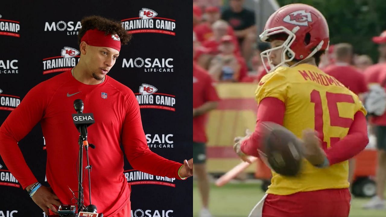 Patrick Mahomes did a basketball-style trick in camp recently - left image via Getty, right image via Twitter
