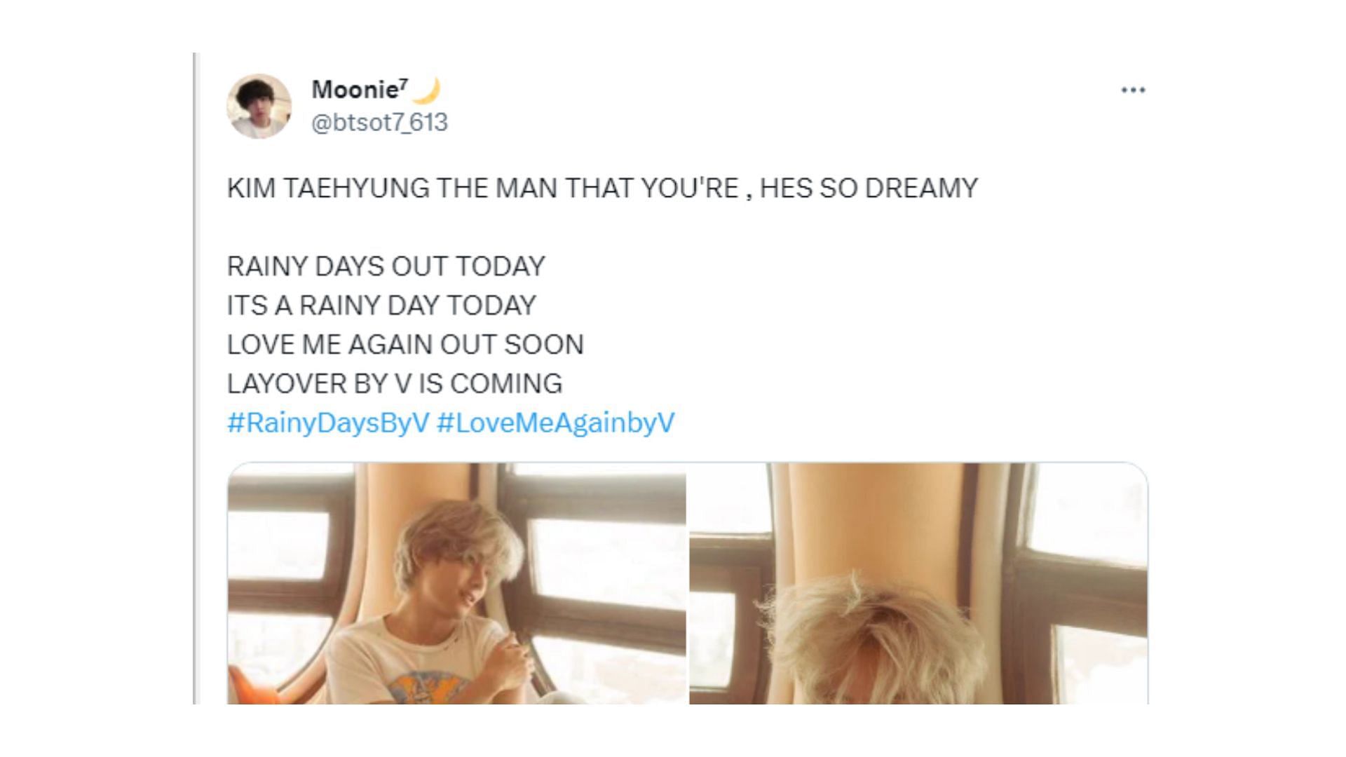 Taehyung&#039;s fans lavish praise on Rainy Days MV (Image via Twitter/@btsot7_613)