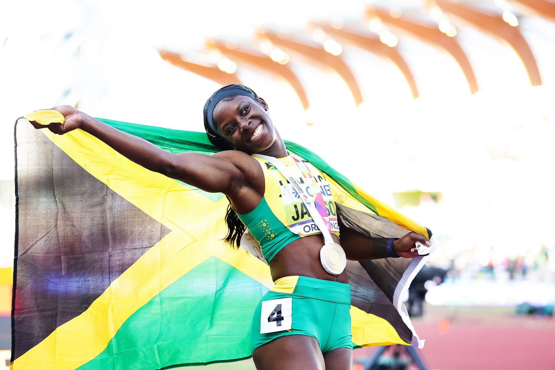 Shericka Jackson after winning the 200m finals at the 2022 World Athletics Championships in Eugene, Oregon