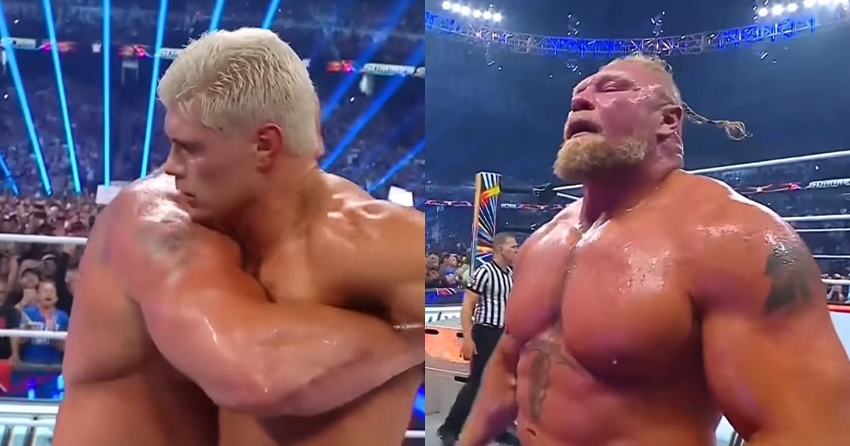 Brock Lesnar and Cody hugging at Summerslam 2023