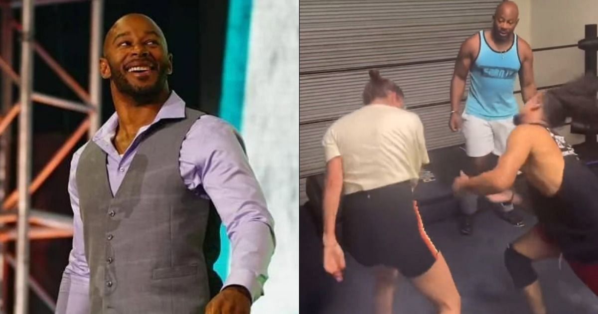 Jay Lethal is teaching an adult film star the various wrestling movies. 