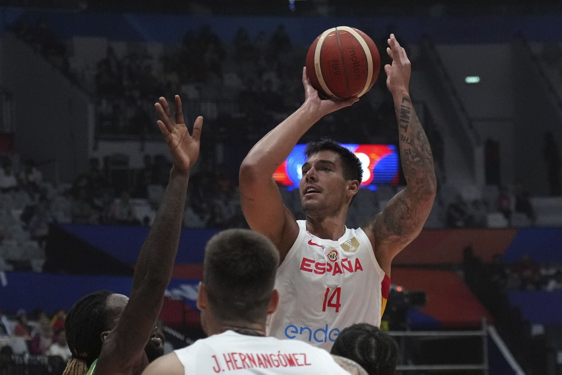 Spain center Willy Hernangomez shoots against Cote d&#039;Ivoire in the 2023 FIBA World Cup