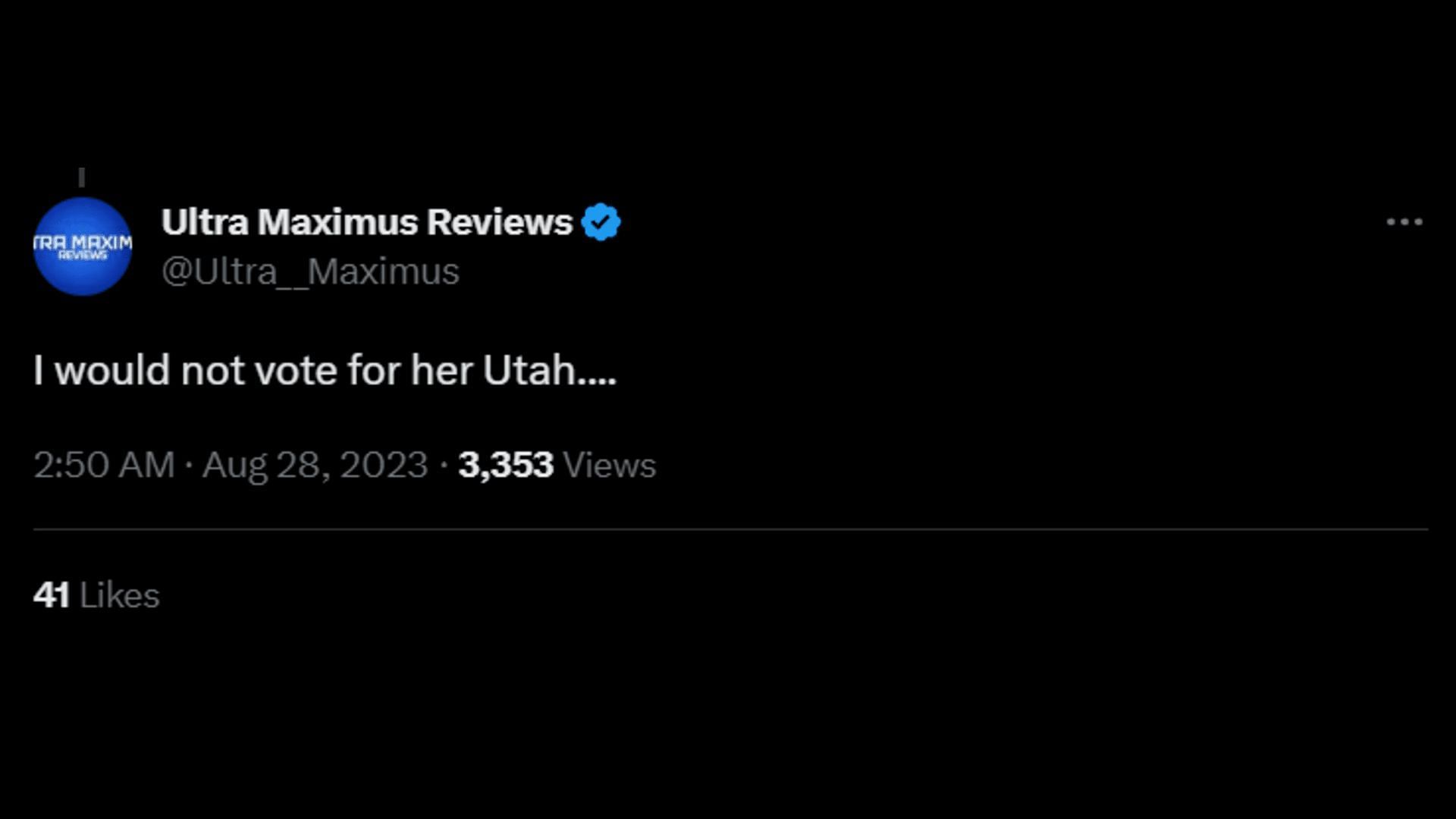 A tweet asks Utah citizens not to vote for Gray. (Image via X/Ultra Maximus Reviews)
