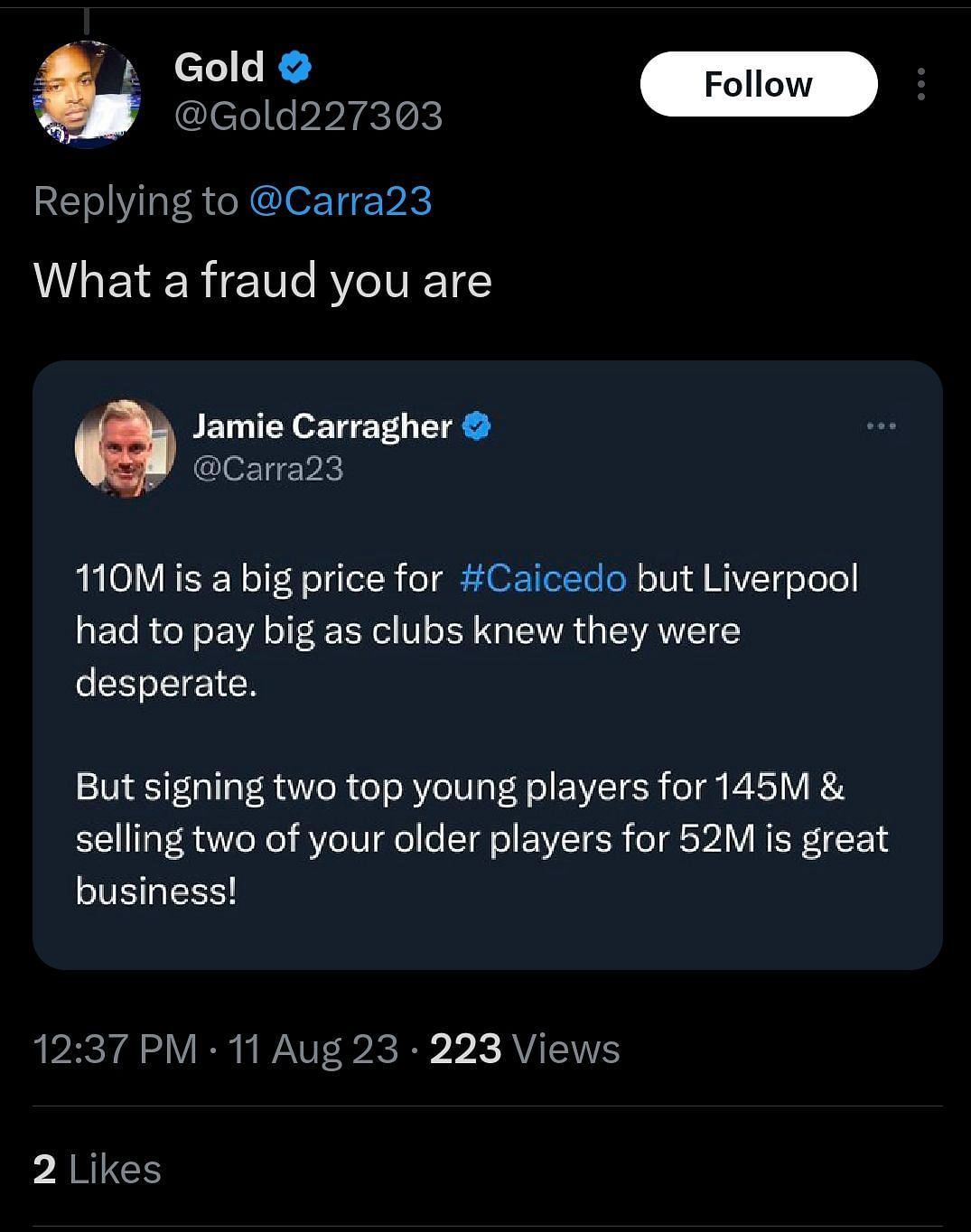 Fans react as Jamie Carragher discusses Moises Caicedo transfer battle