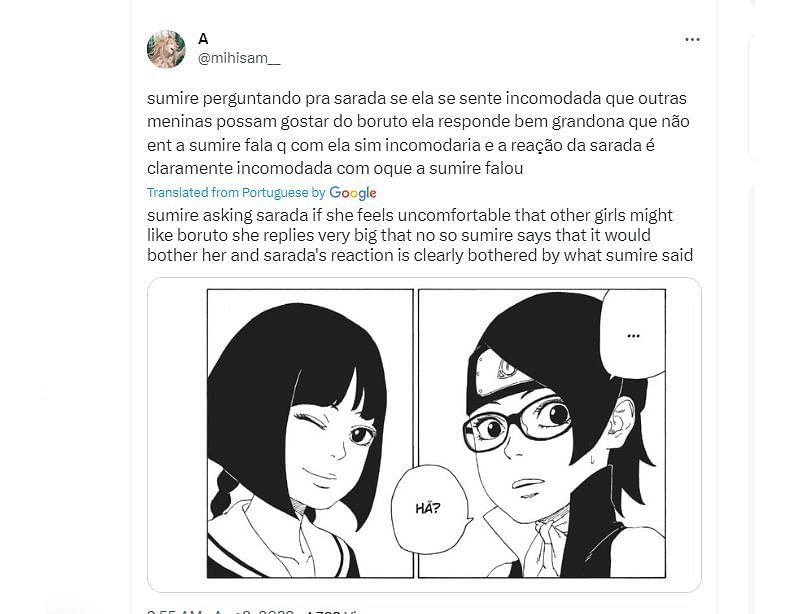 A snippet depicting the conversation between Sarada and Sumire (Image via Twitter/@mihisam_)