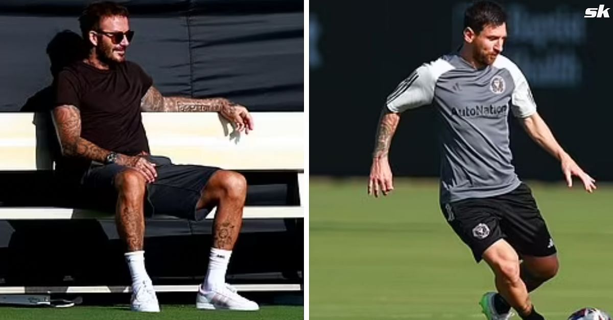 David Beckham watches as Lionel Messi competes in a training session