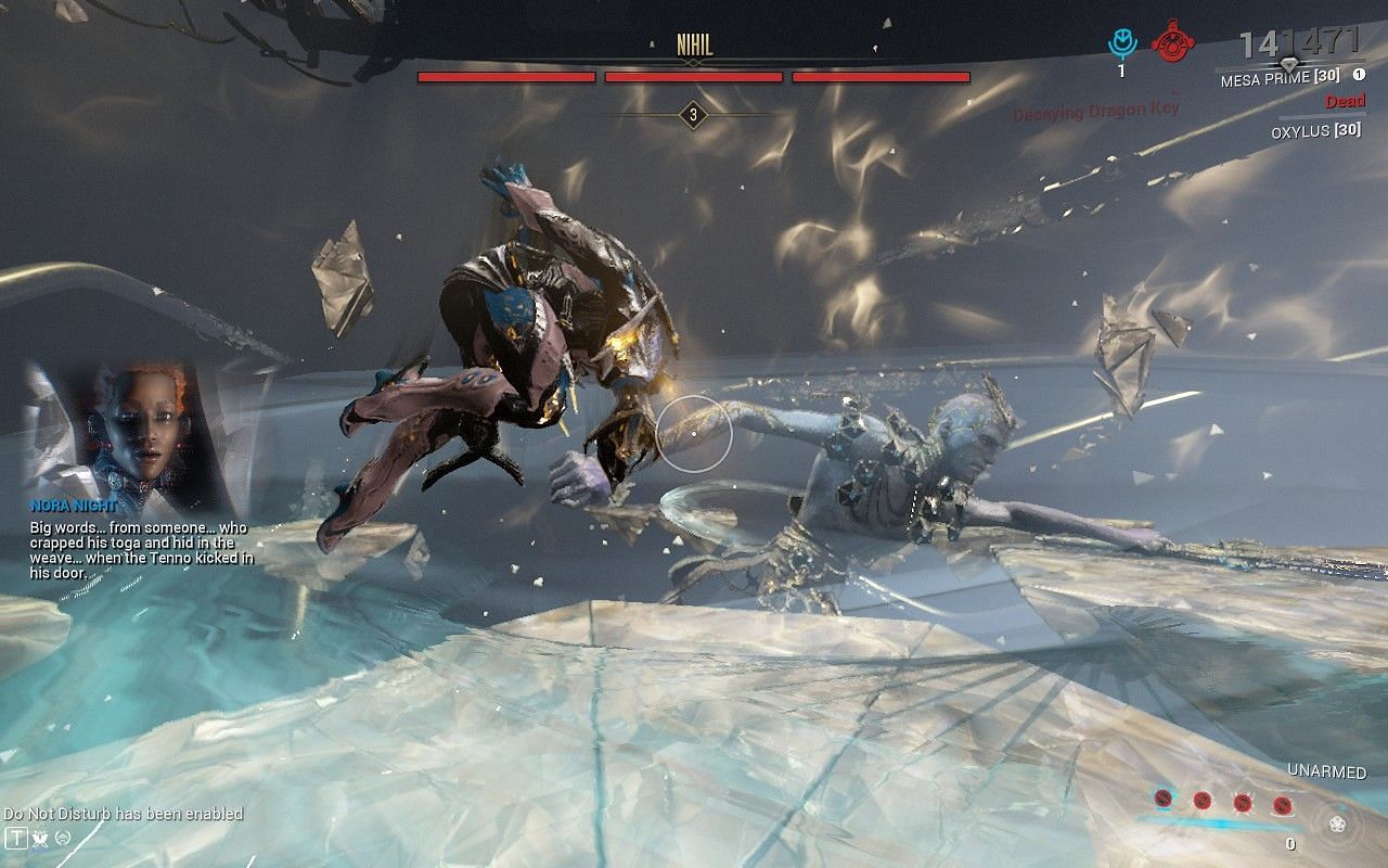Warframe Nihil&#039;s horizontal swing can be avoided by a well-timed double jump (Image via Digital Extremes)