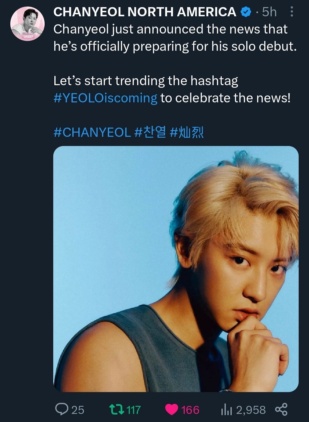 Fans reacting to the announcement of idol&#039;s solo debut album (Image via Chanyeol North America @Twitter)