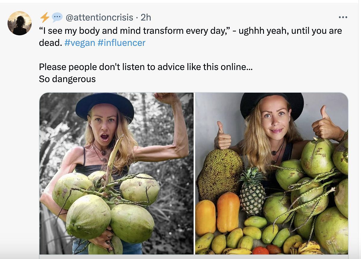 Social media users mourn the death of the vegan influencer, who passed away at 39 due to starvation while following a fruit-only diet. (Image via Twitter)