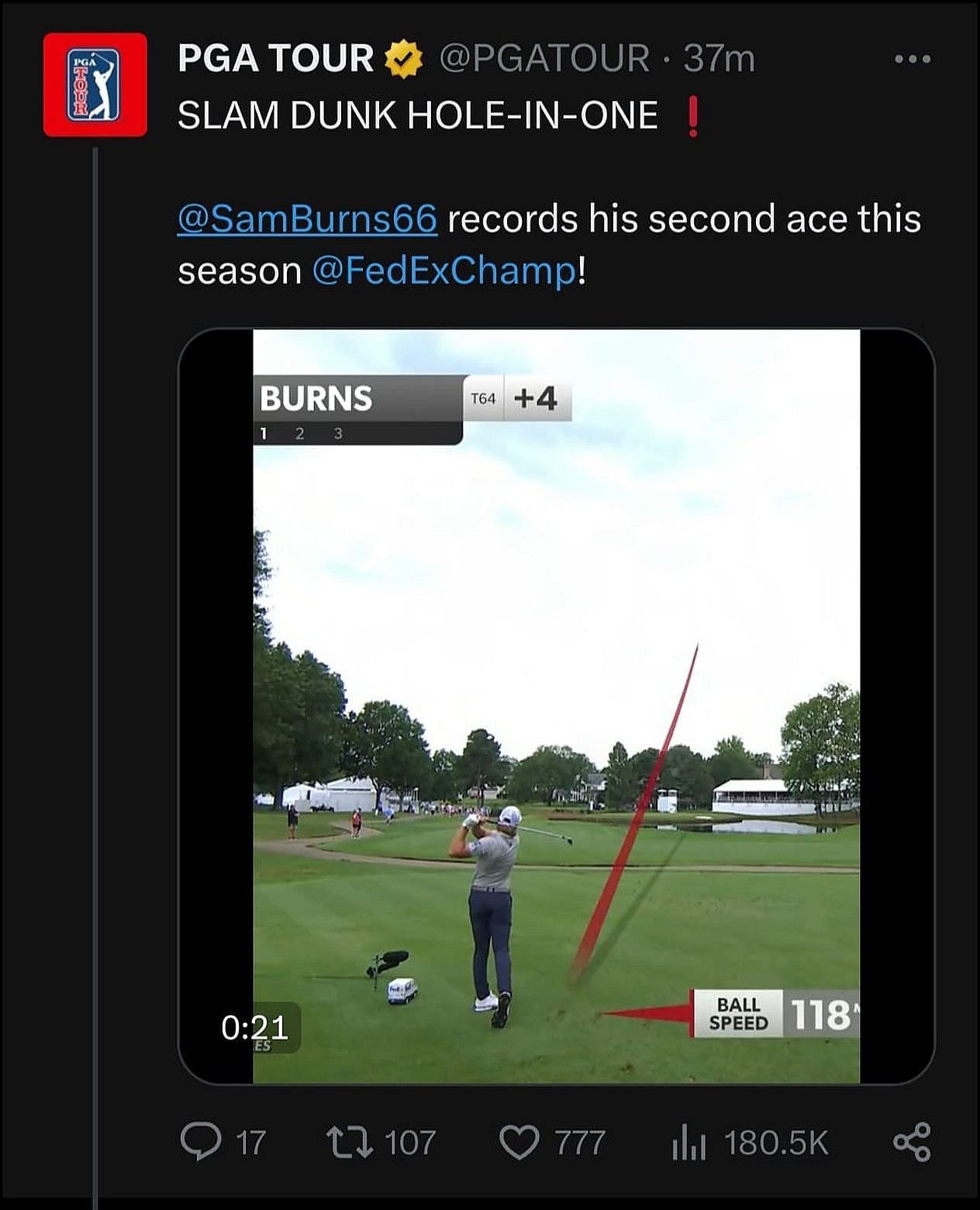 Sam Burns hole-in-one (Image via Twitter/@PGATOUR)