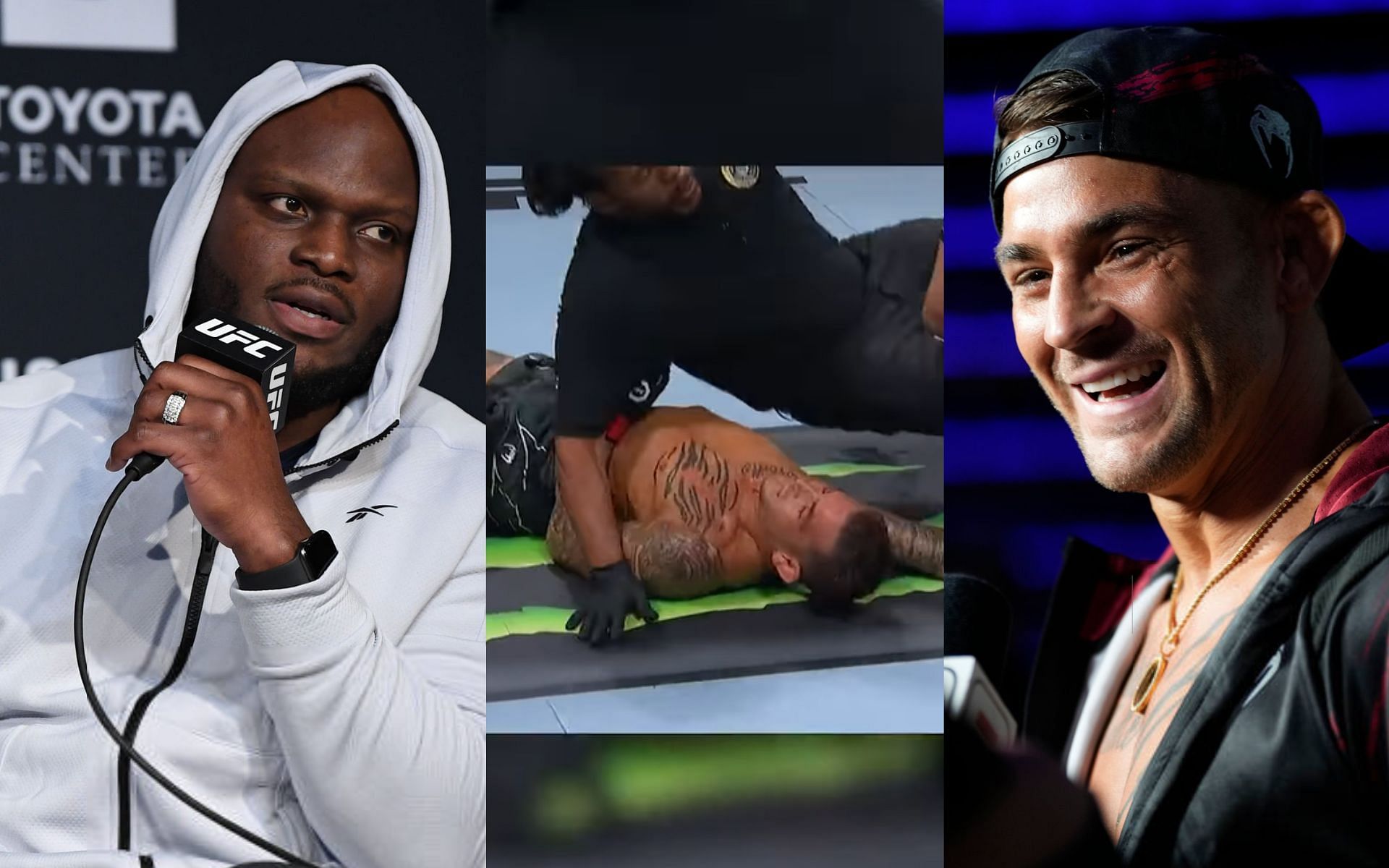 Derrick Lewis (left), Herb Dean at UFC 291 (middle) and Dustin Poirier (right) [Images Courtesy: @GettyImages and @herbdeanmma on Instagram]