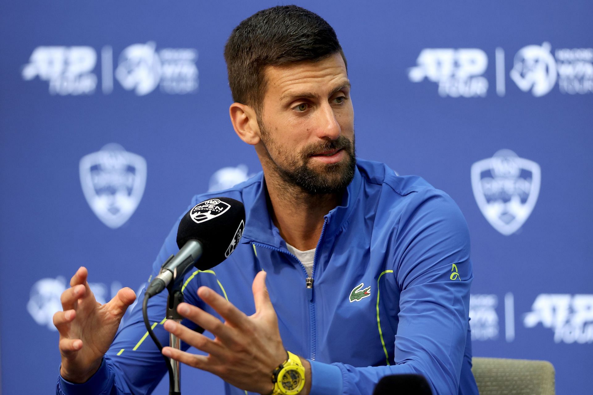 Novak Djokovic interacts with the media at the 2023 Cincinnati Open