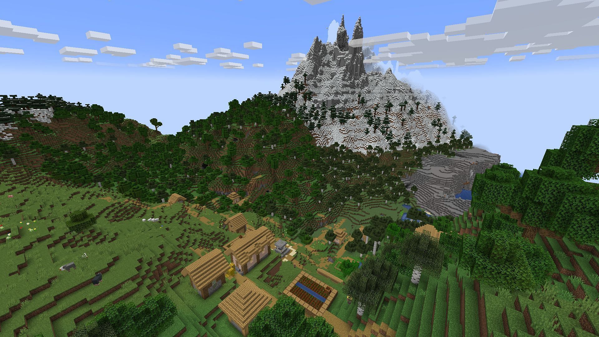 The mountain in this Minecraft island seed is more inhospitable than its surrounding villages (Image via Mojang)