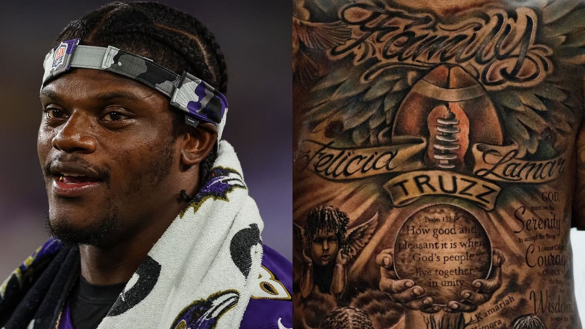 Lamar Jackson got new tattoos on his shoulder and chest before their first preseason game for 2023. (Image credit: Lamar Jackson on Instagram)
