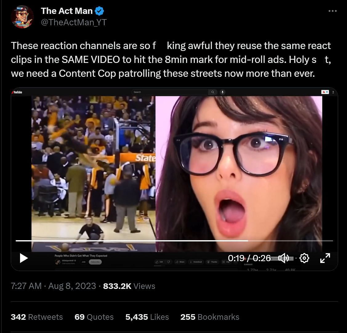 The Act Man&#039;s recent tweet in which he called out SSSniperWolf for reusing clips in her reaction videos (Image via Twitter)