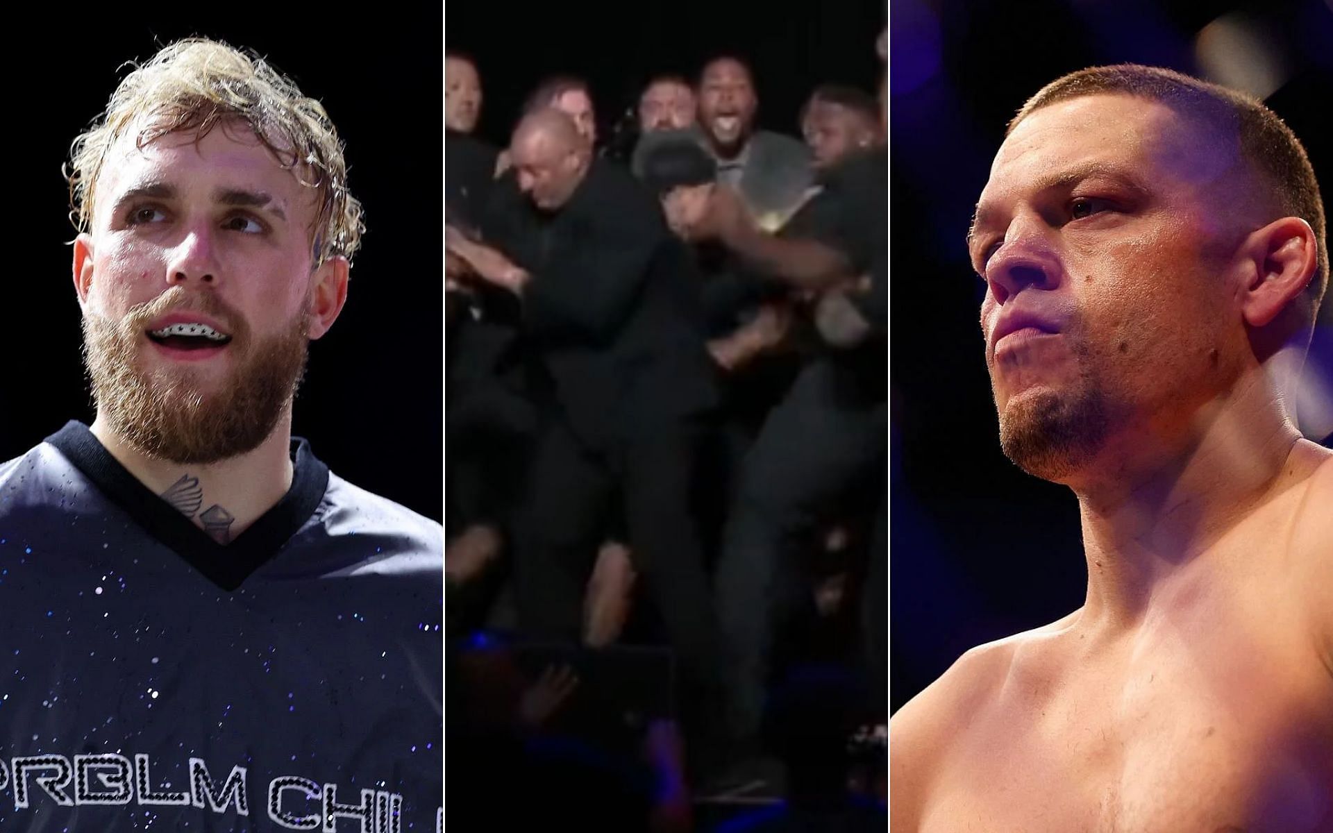 Jake Paul [Left], press conference altercation [Middle], and Nate Diaz [Right] [Photo credit: - @DAZNBoxing - Twitter]