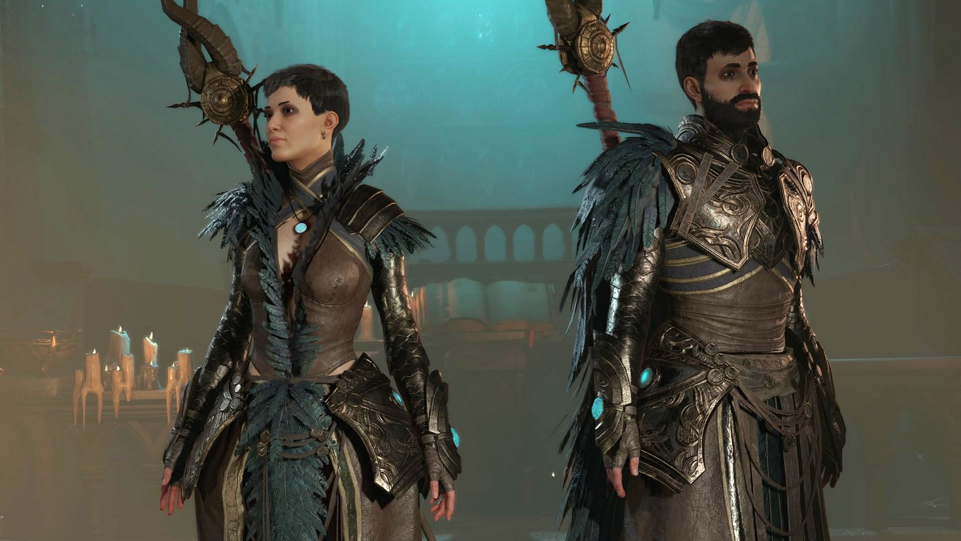 One female Sorcerer on the left and a male Sorcerer on the right in Diablo 4.