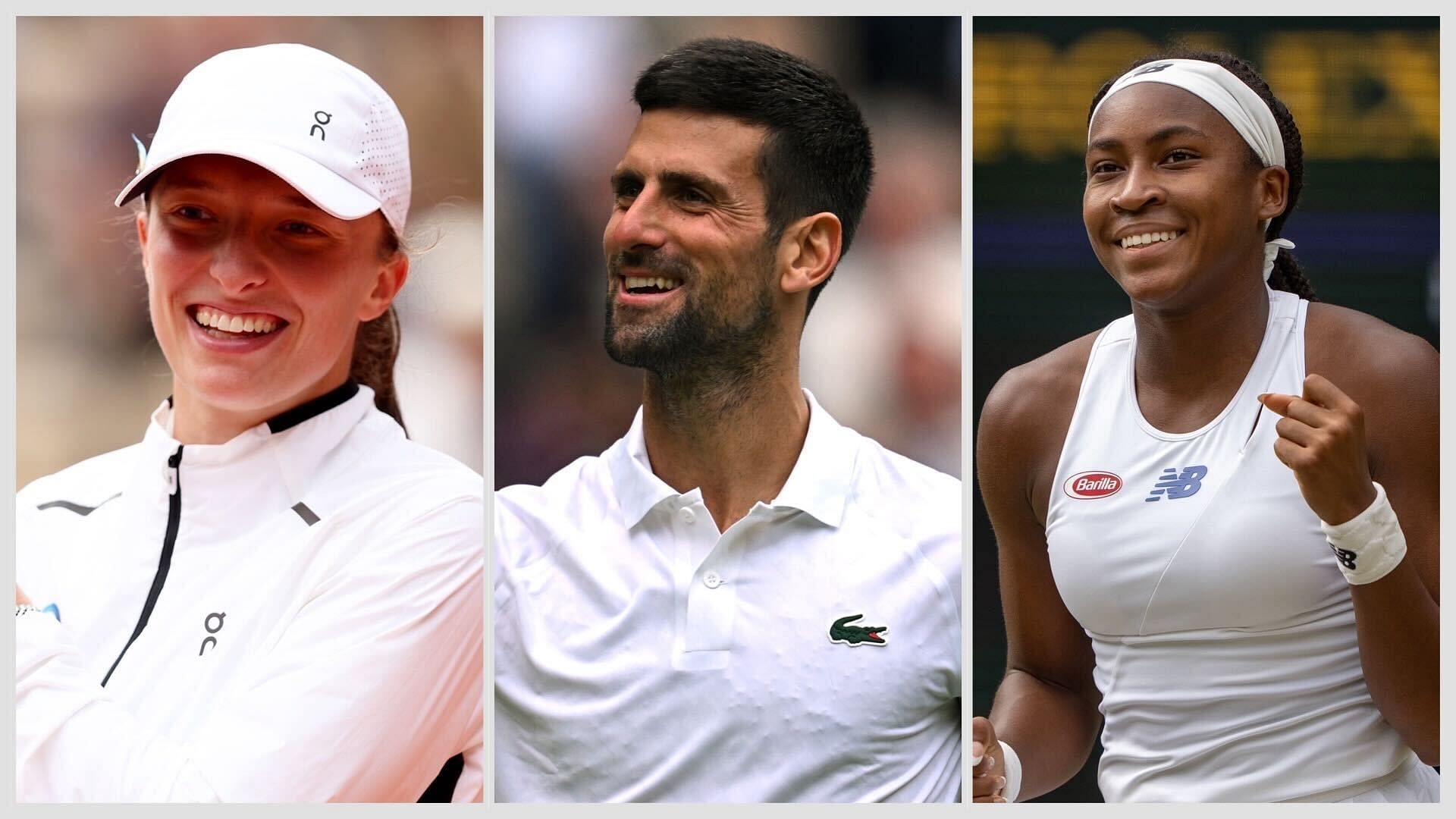 Iga Swiatek(left), Novak Djokovic(centre) and Coco Gauff(right)
