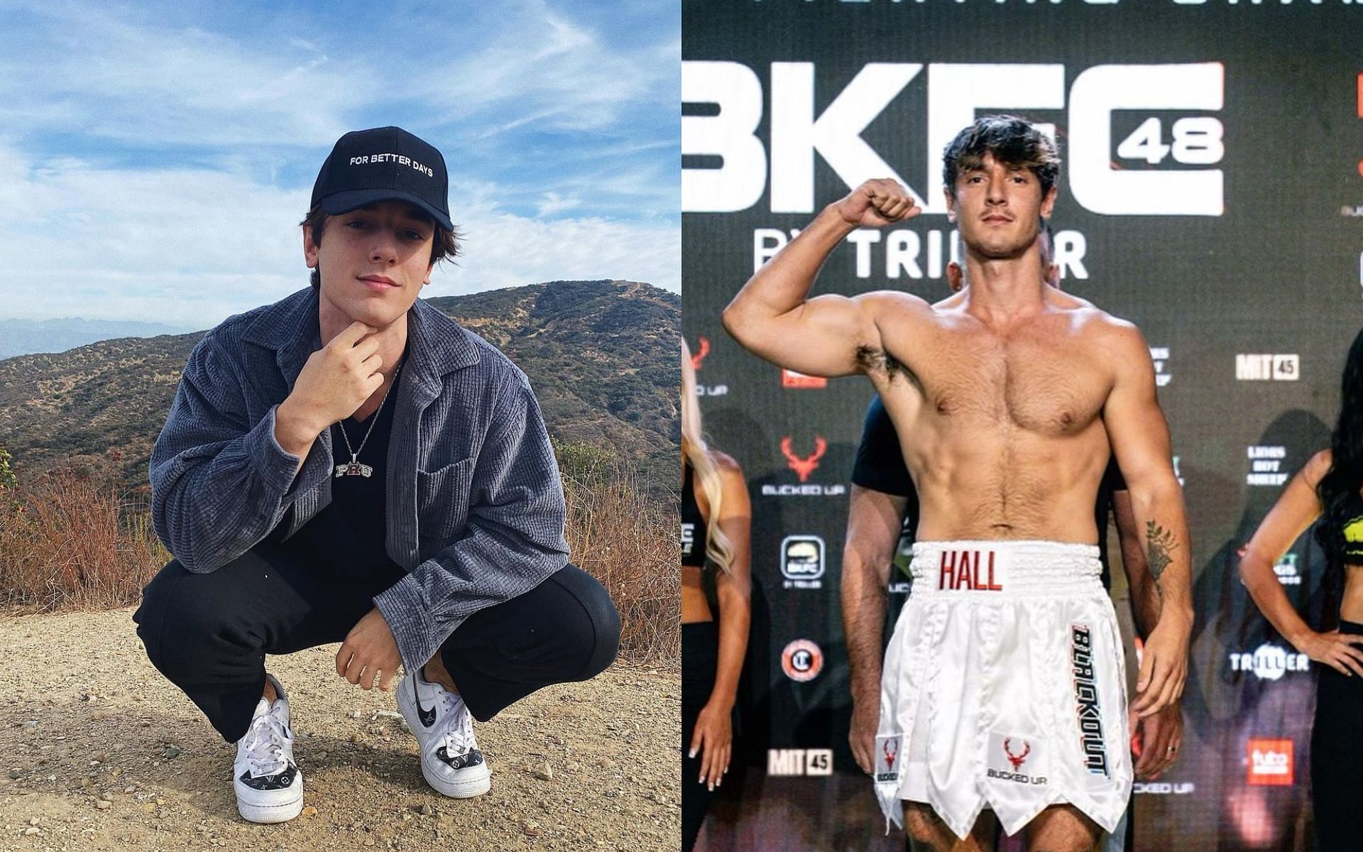 Bryce Hall (Left); Hall at the BKFC 48 weigh-ins (Right) [*Image courtesy: Left and Right images via @brycehall Instagram]