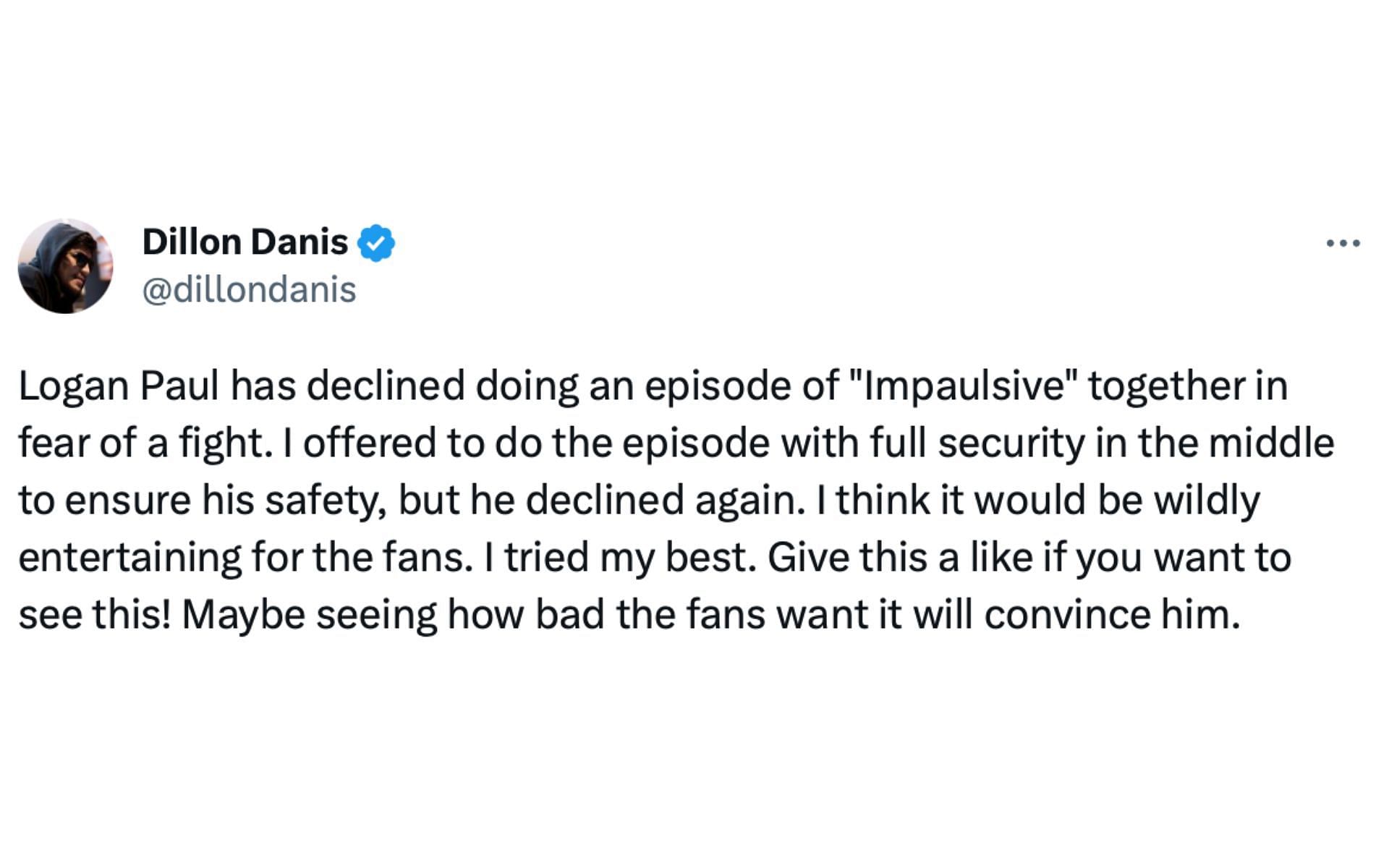 Danis' tweet. [via Twitter @dillondanis]