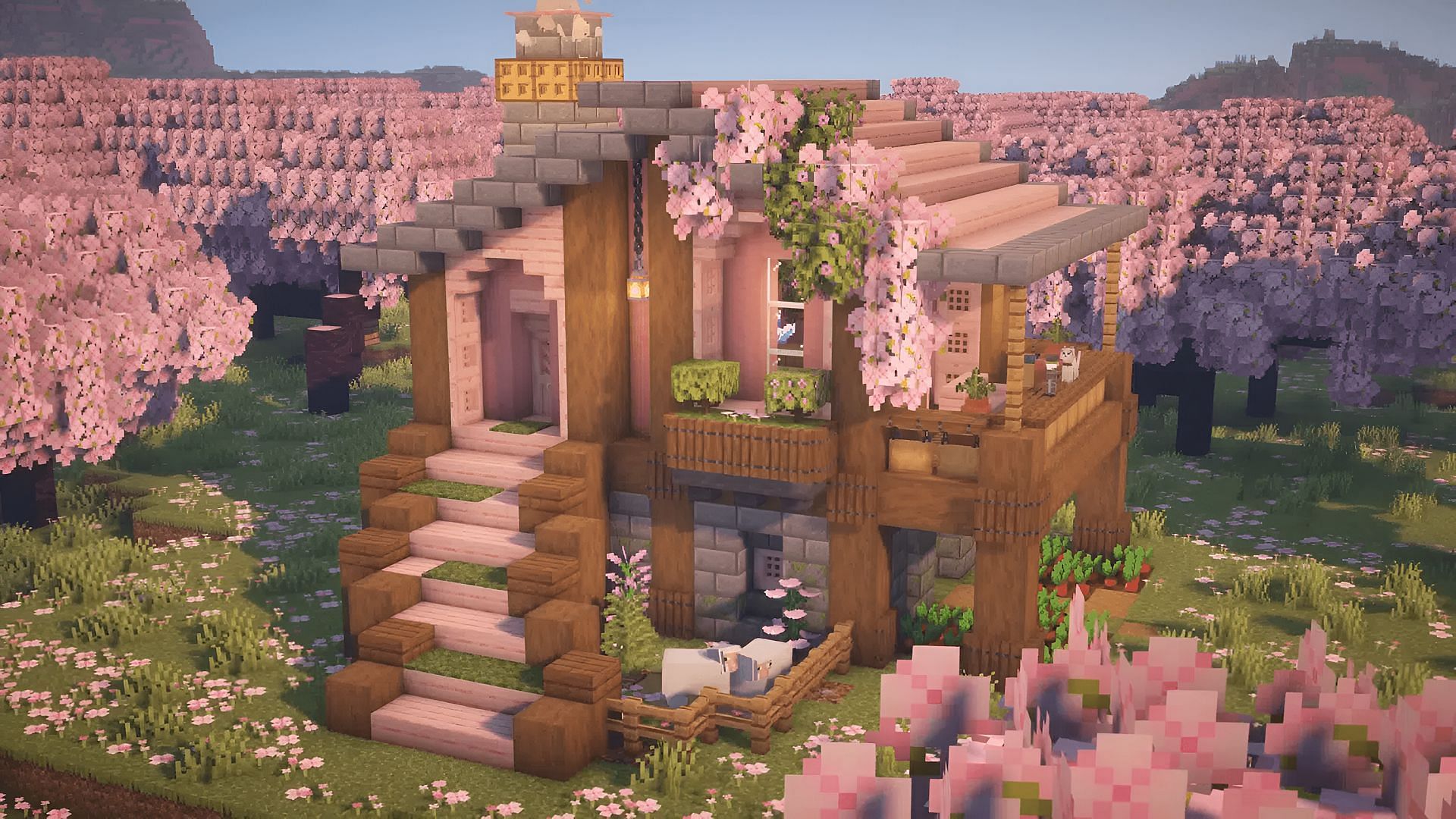 This house fits perfectly into a cherry grove biome (Image via Zaypixel/YouTube)