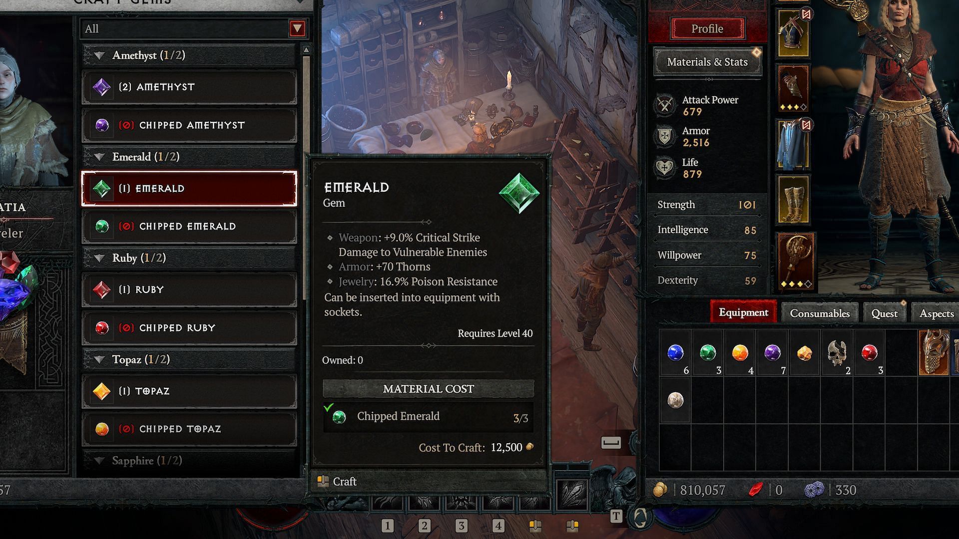 Emerald can be used on the weapon for this build (Image via Diablo 4)