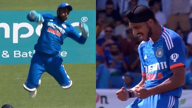 [WATCH] Sanju Samson takes a stunner, Arshdeep Singh lets out a big roar after sending back Kyle Mayers with a brutal bouncer
