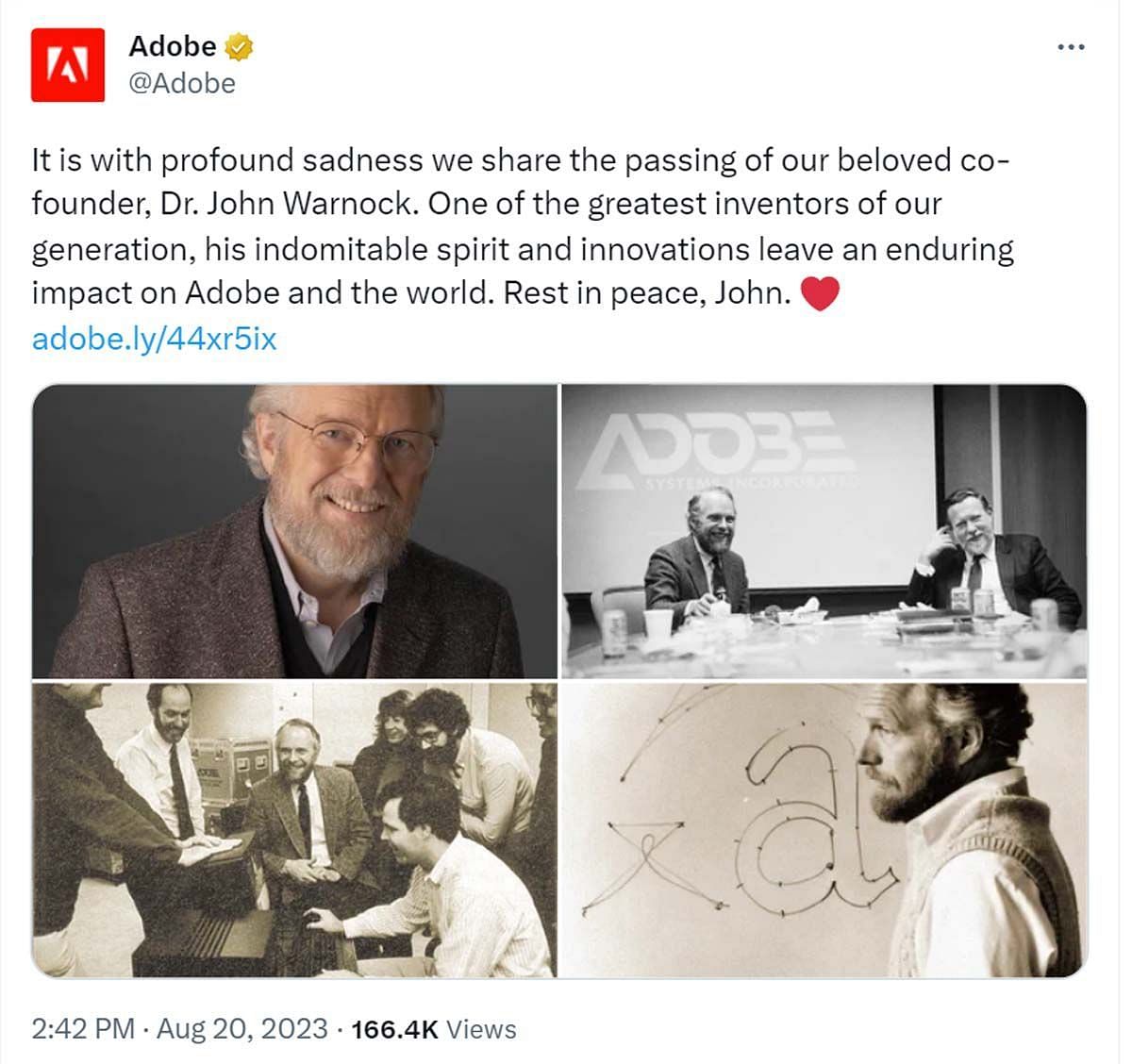 Adobe&#039;s statement about John&#039;s death (Image via Twitter/ @Adobe)